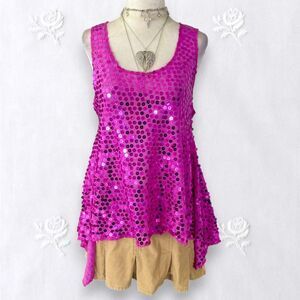 Early 2000's Bright Pink Flowy Asymmetric Raw Hem Sequin Top S